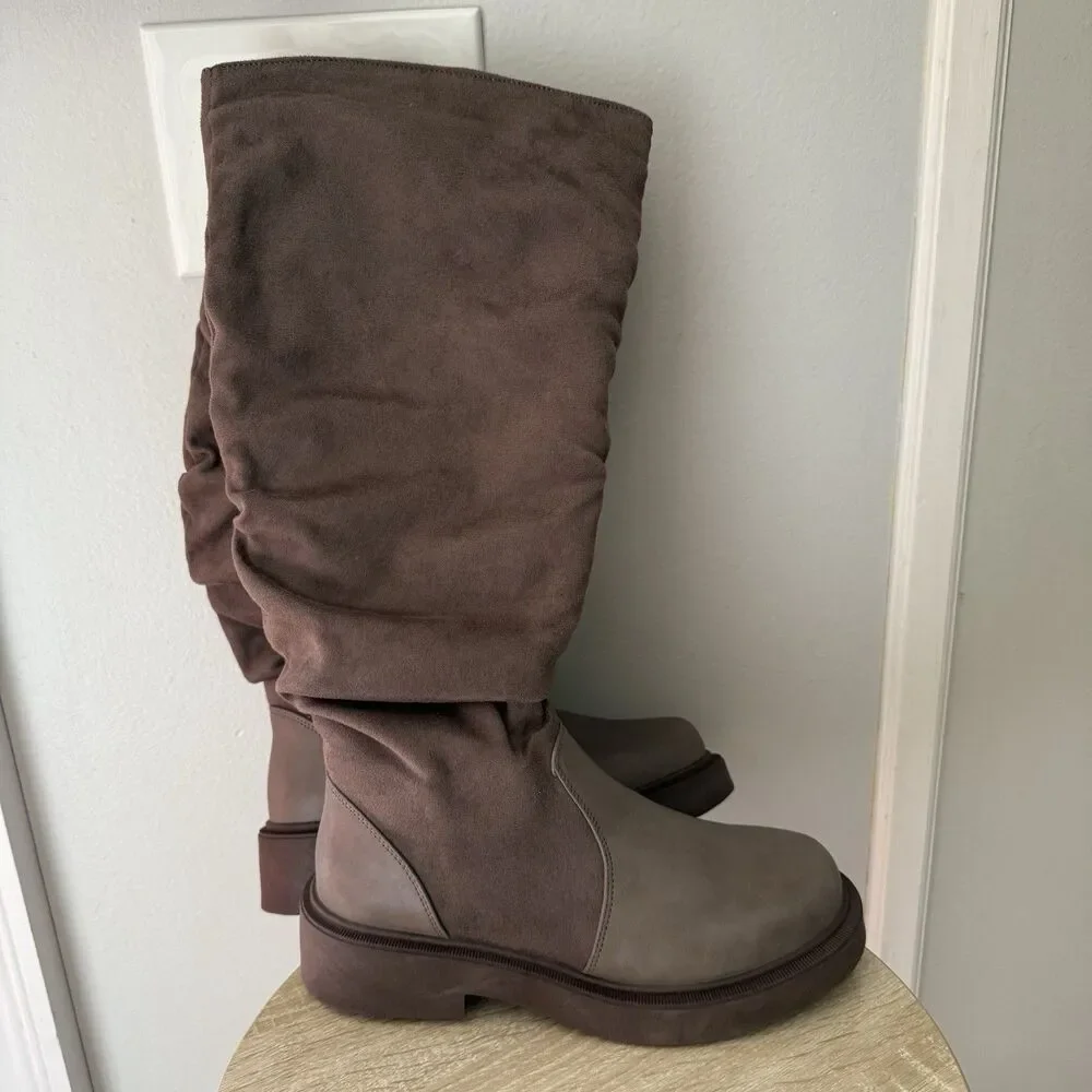 Women's Fashion Thick Heel Riding Boots Grey/brown Side Zipper Durable Size 9
